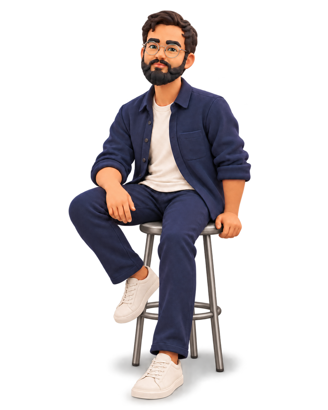 Illustrated portrait of Ruslan, wearing round glasses and a navy overshirt, seated on a stool.